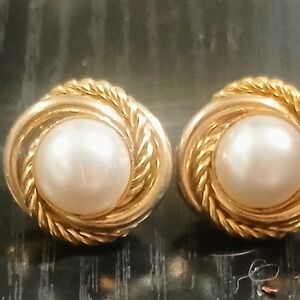 Gold-Tone Pearl Button Earrings with Twisted Rope Accent - White/Gold